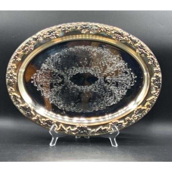1980s Godinger Silver Plated Grape Oval Relish Tray w/ Glass Insert 16x12 VTG - Picture 2 of 15